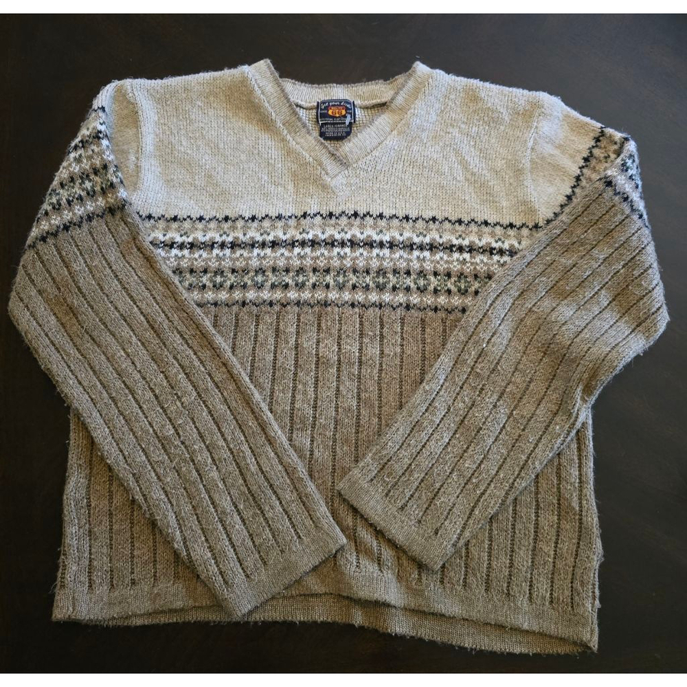Unisex Vintage 90s Route 66 V-Neck Sweater L Beige Brown Fair Isle
